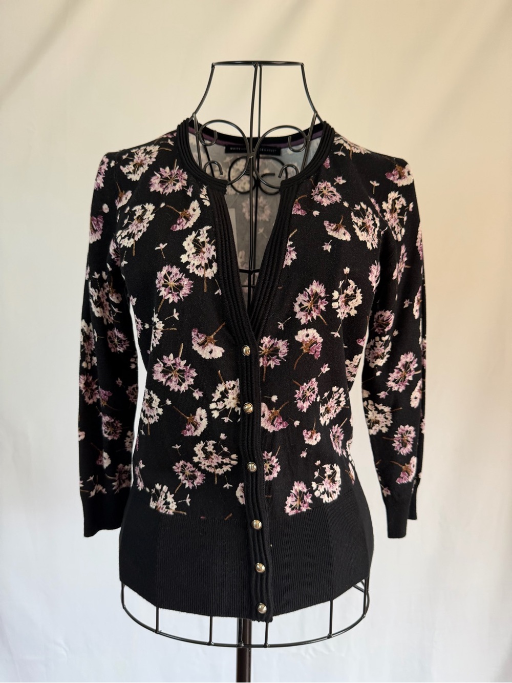 White House Black Market Black Cardigan with Pink Floral Print